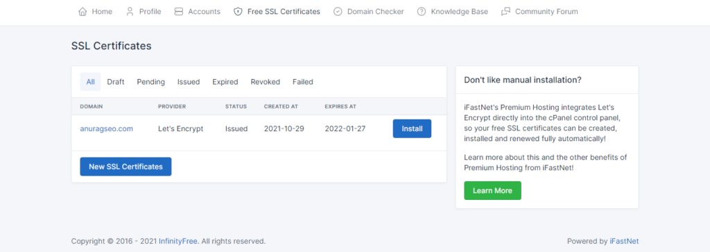 InfinityFree free SSL certificates